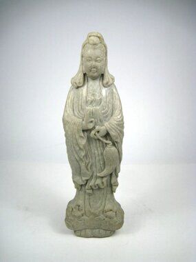 Vintage Gray Stone Buddhist Goddess Sculpture 9 inch Tall Figurine Buddha